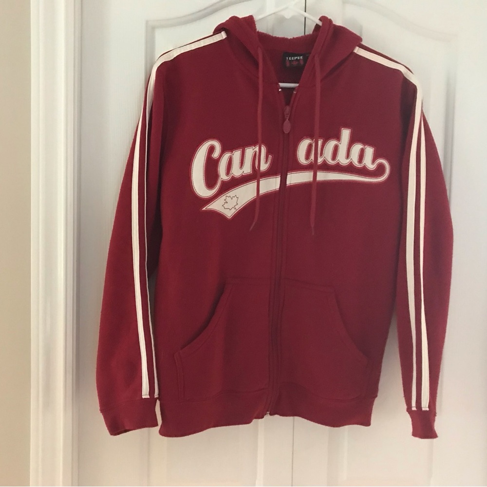 TEEPEE 🇨🇦 Full Zip Red Hoodie Pockets Striped Long Sleeve Logo Jacket size Med